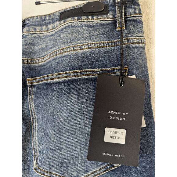 NWT Embellish NYC Jeans Patchwork Denim Mens 40 Blue Distressed Slim Stretch - Picture 8 of 12